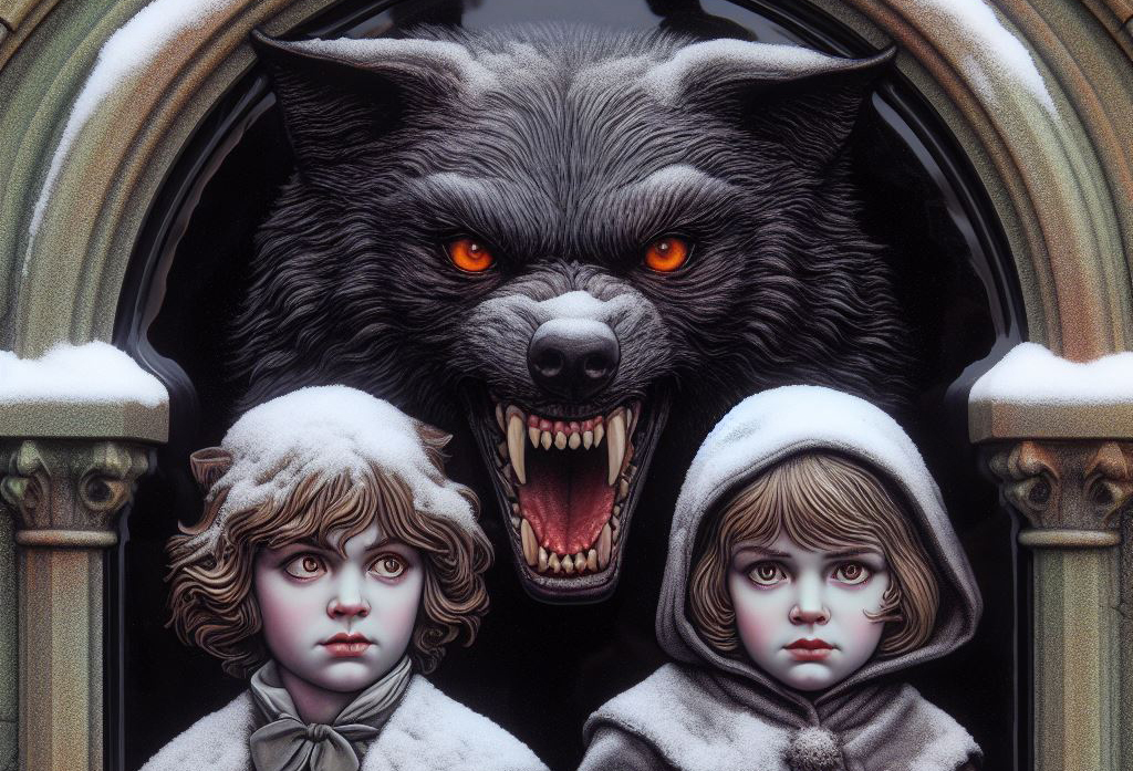 Illustration of two children in 19th century dress, with a large scary wolf looming behind them, all under a stone archway.