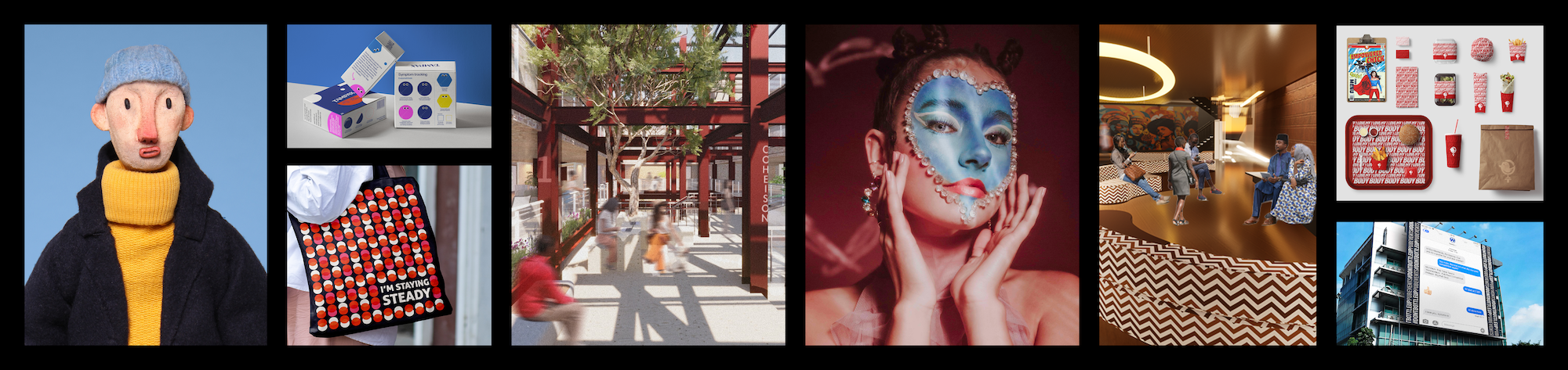 Grid of seven images: bald figure in yellow/black, blue house illustration, Japanese temple entrance, person with blue face paint, golden zigzag pattern, white gallery wall display.