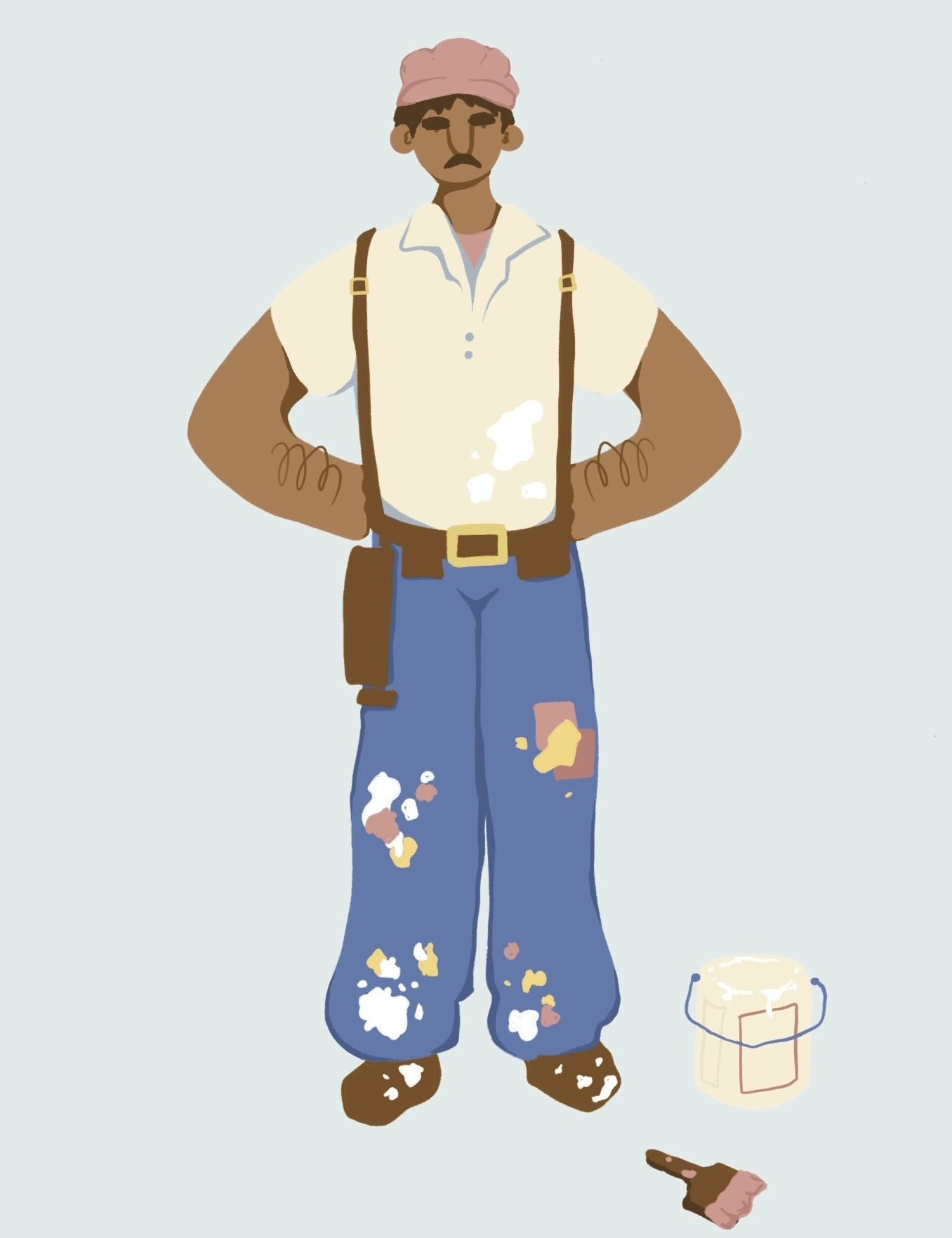 Colour illustration of a dark-skinned man with a beige shirt, blue trousers and a pink hat. The trousers are covered in spots of paint. A paint can and a paintbrush are lying next to him.