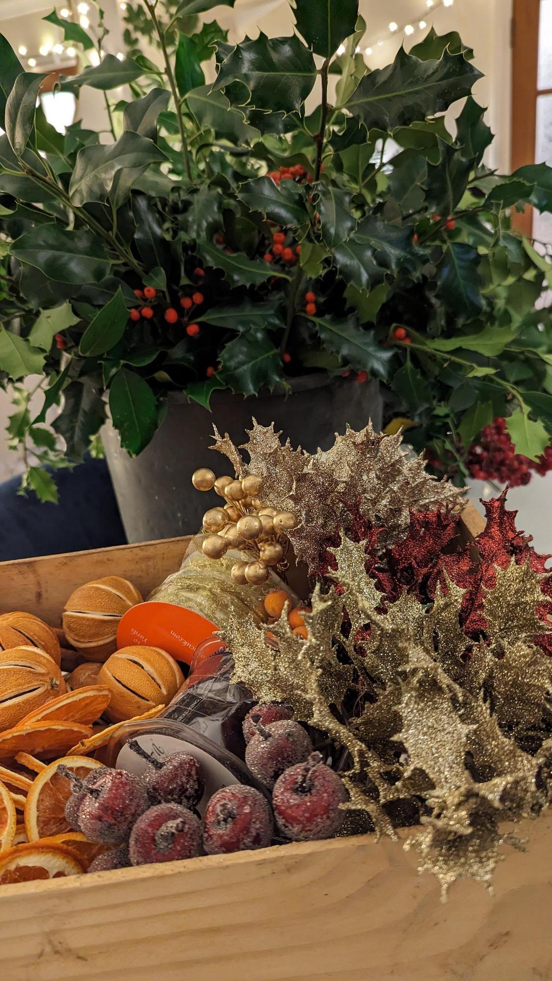 A wooden box of festive berries and glittery holly. A plant pot with a holly shrub in it stands behind it.