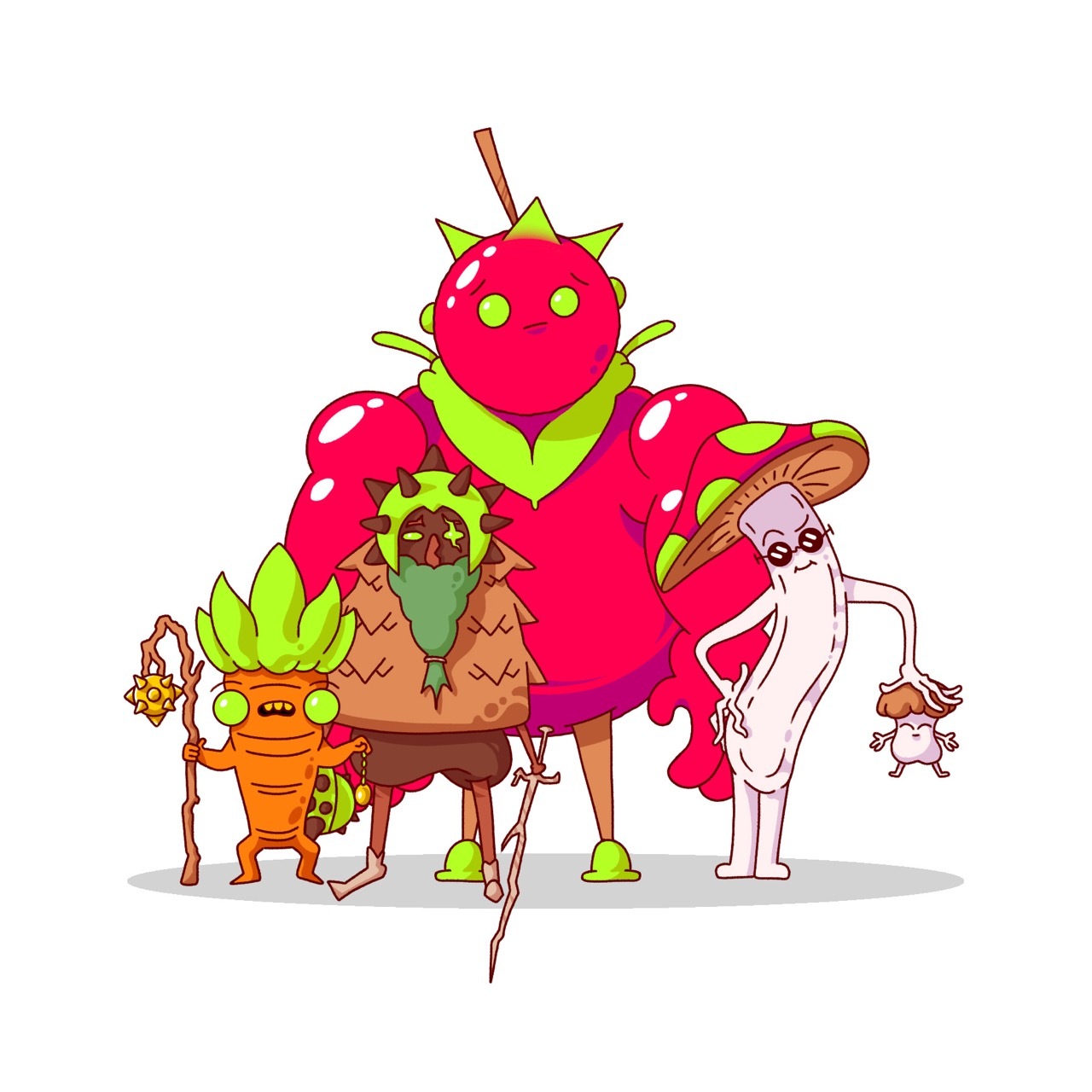 Colourful, illustrated vegetable-like characters for D&D, white background.