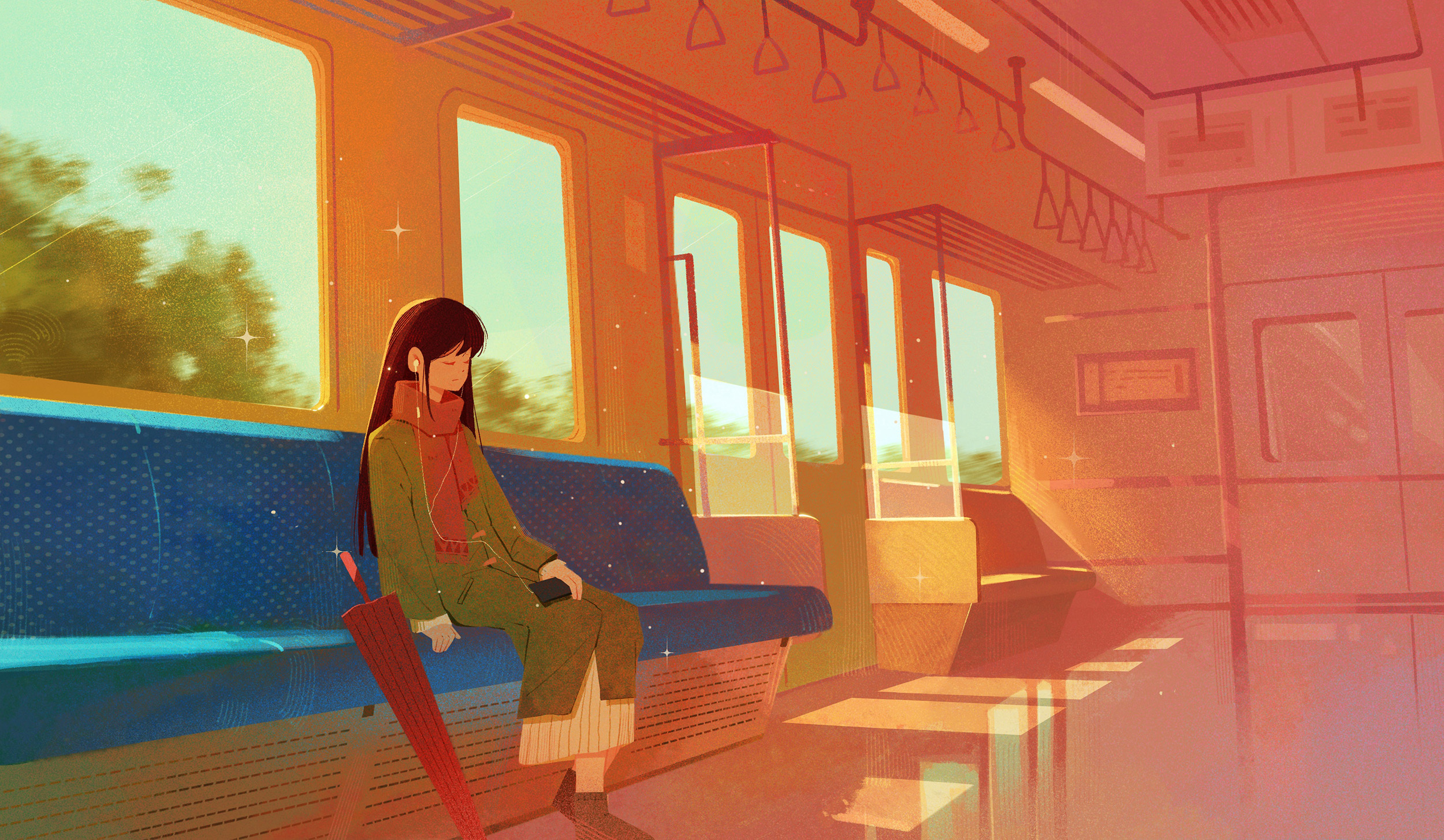 Illustration of a woman sitting alone in an overground train carriage, with warm sunlight bursting in through the windows behind her