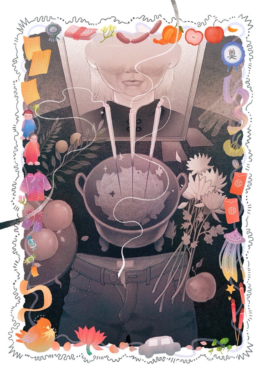 An illustrated collage depicts a faceless torso in a black top and jeans, with a large bowl-like shape at the chest and decorative fruit, flowers and small icons framing the image.