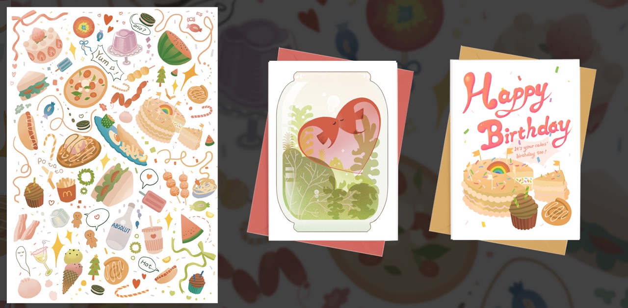 A set of birthday-themed greeting cards with colourful food and party illustrations, including a card with a heart-shaped jar design, displayed on a blurred background.