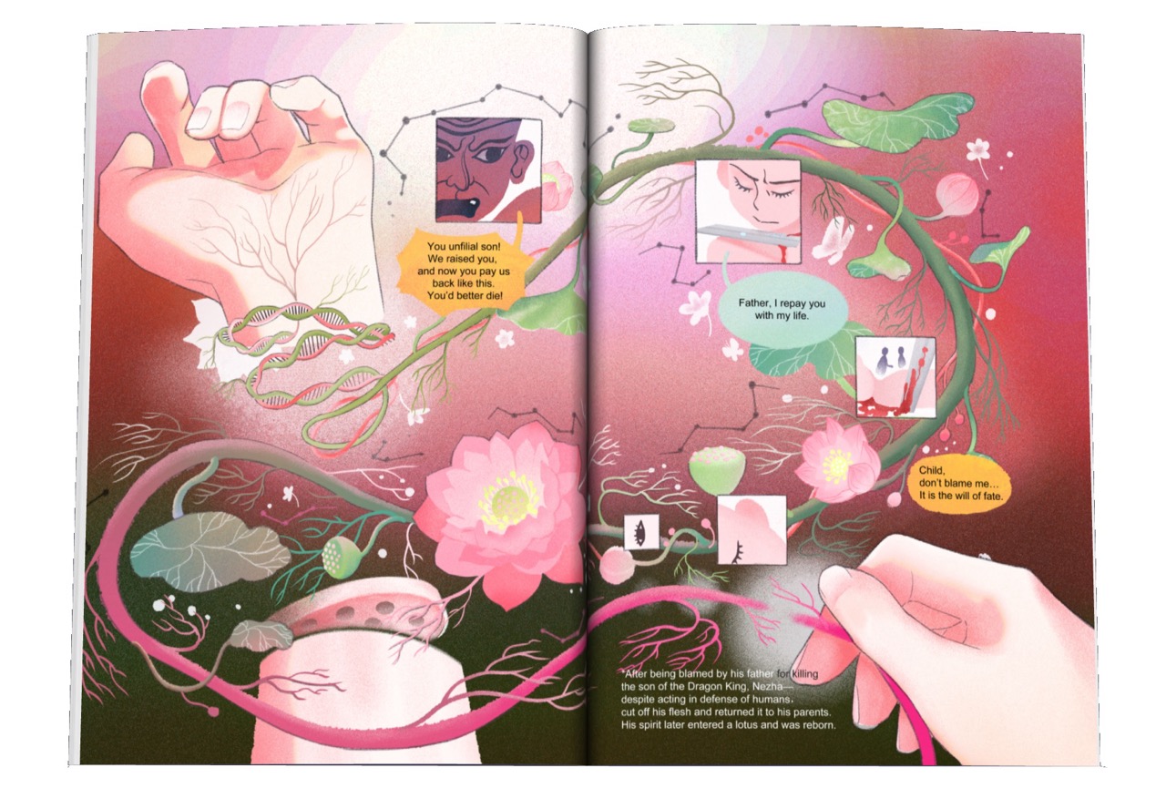 An open illustrated book with pink and green floral artwork and comic-style panels showing hands and faces, on a white surface.