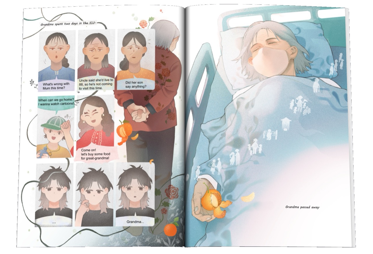 An open illustrated book shows a child lying in a hospital bed under a blue blanket, with a comic-style page on the left featuring family conversations and the word “Grandma”.