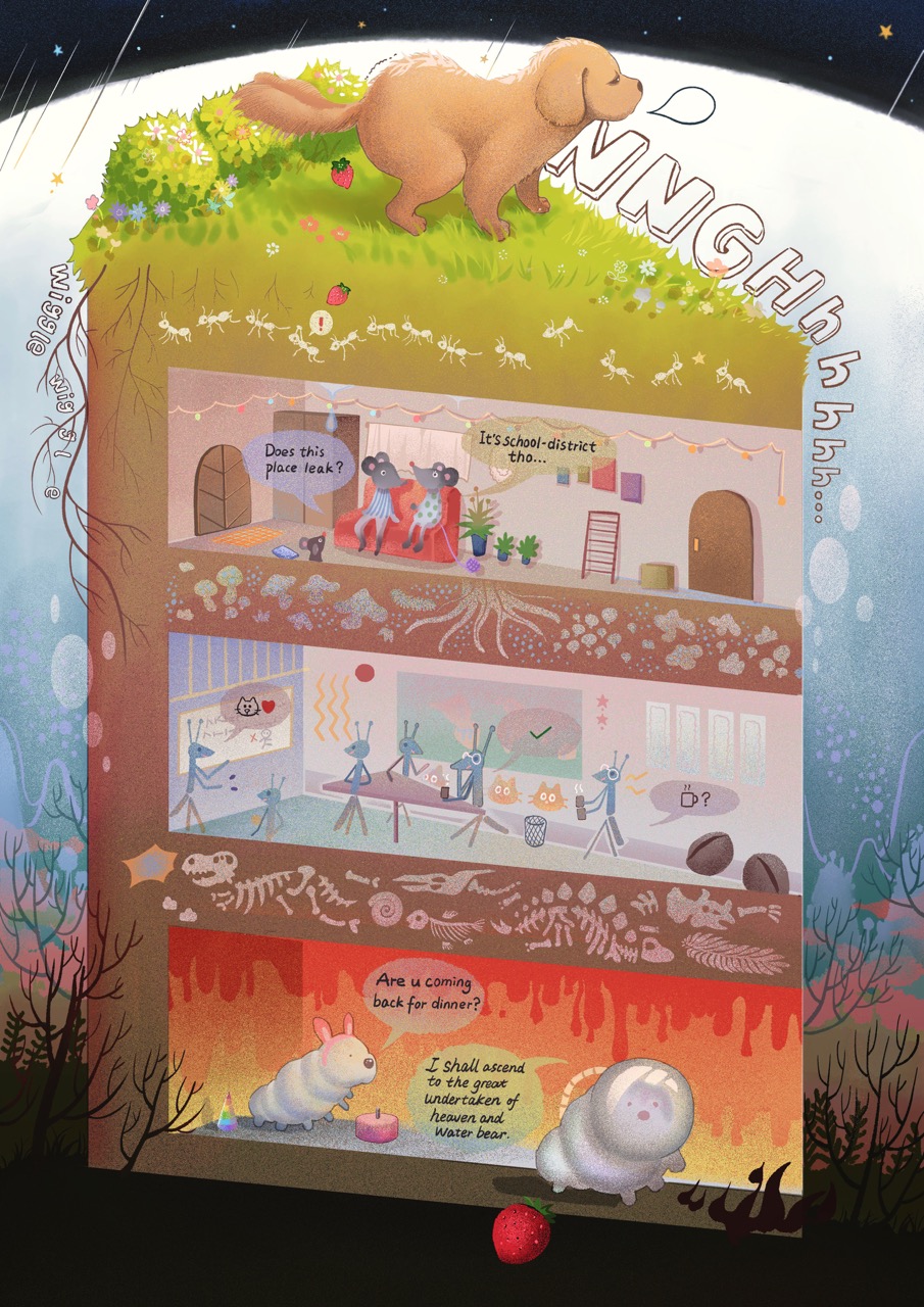 An illustrated bear lies on a grassy roof above a cutaway house with several rooms, including a bathroom, kitchen and basement, shown in a vertical scene.