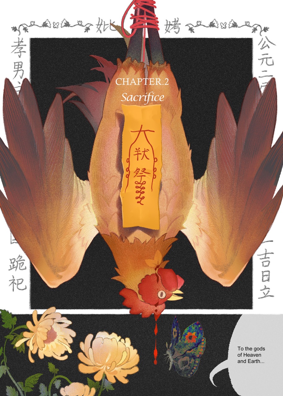 An illustrated upside-down bird with spread wings hangs against a black background, with the words “CHAPTER 2 Sacrifice” and a yellow paper charm on its body.