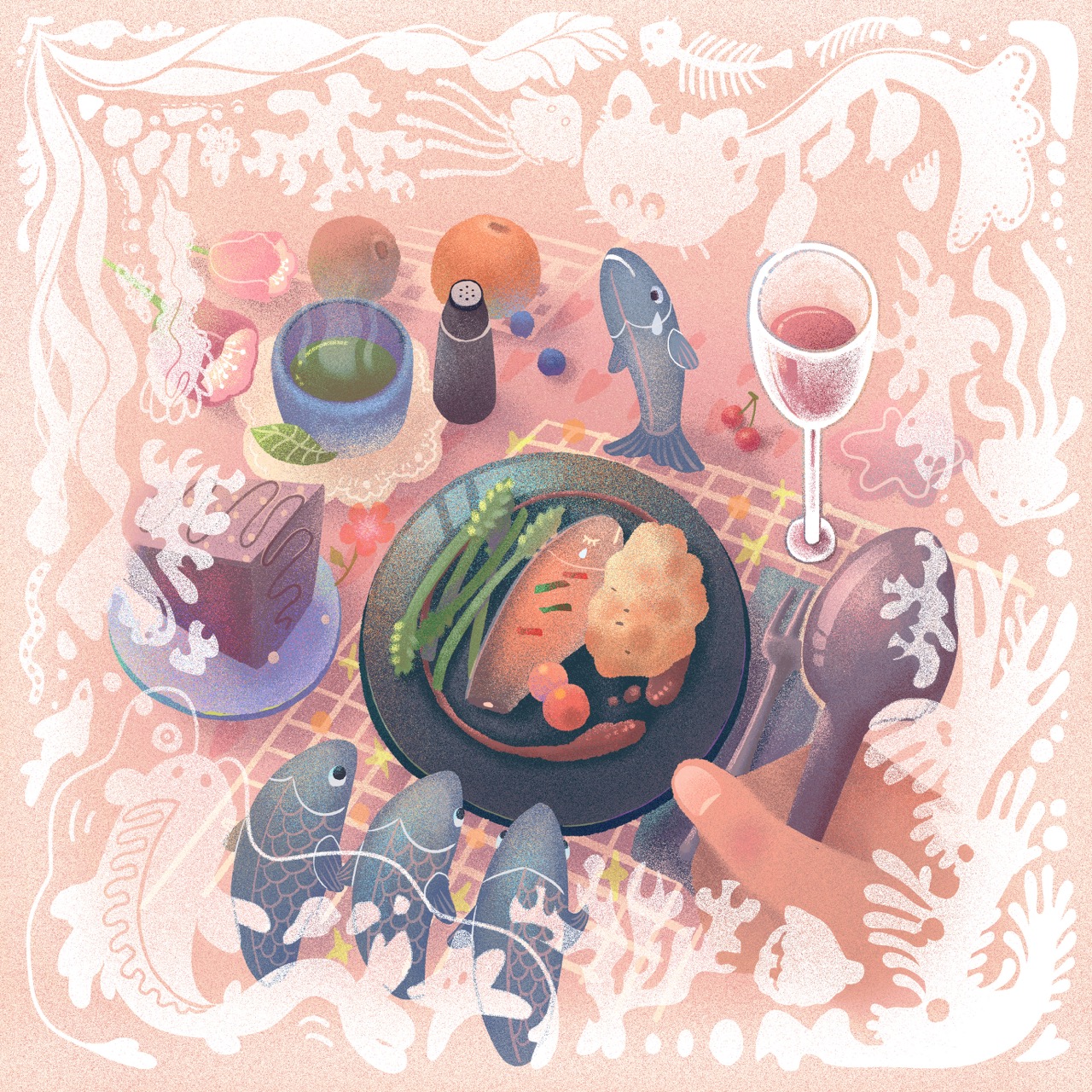 A top-down illustration of a plated meal with fish, vegetables and sauce on a dark plate, surrounded by a wine glass, mushrooms and fish-shaped decorations on a pink patterned background.