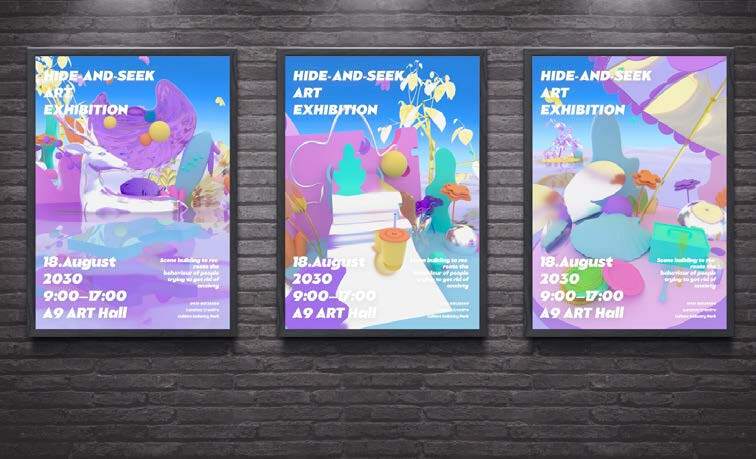 Three colourful exhibition posters on brick wall featuring abstract geometric shapes in purple, pink, blue, and yellow tones.