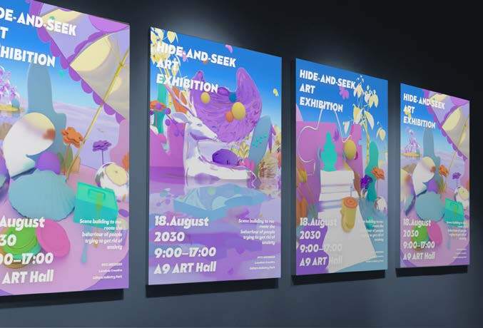 Four colourful exhibition posters on dark wall featuring abstract geometric shapes in purple, pink, green, and blue with white text overlay.