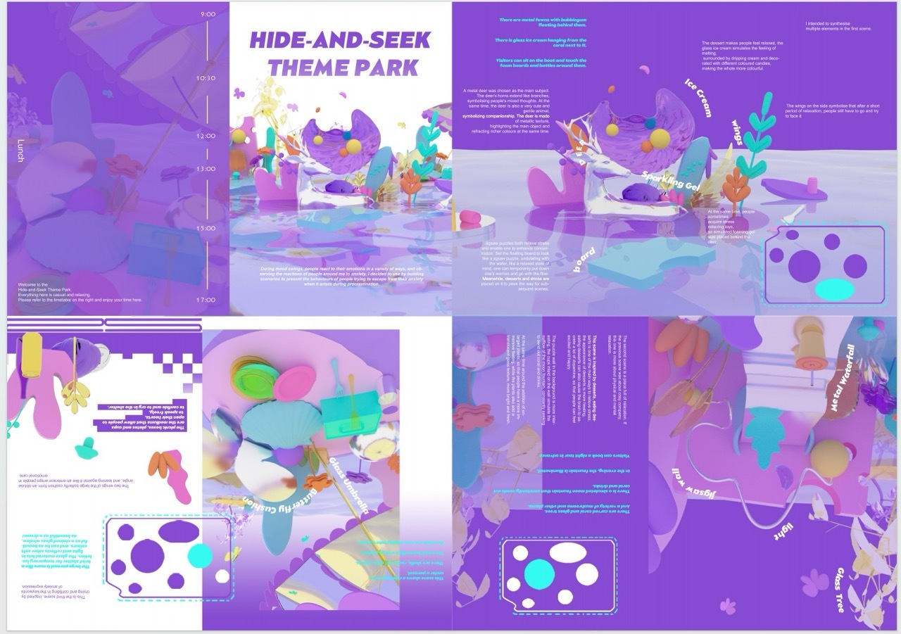 Six-panel digital illustration grid with purple dominant colour scheme, geometric shapes, text blocks, and "HIDE-AND-SEEK THEME PARK" heading.