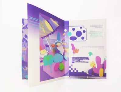 Purple folder opened to reveal colourful paper cutouts, geometric shapes, and small documents arranged inside compartments.