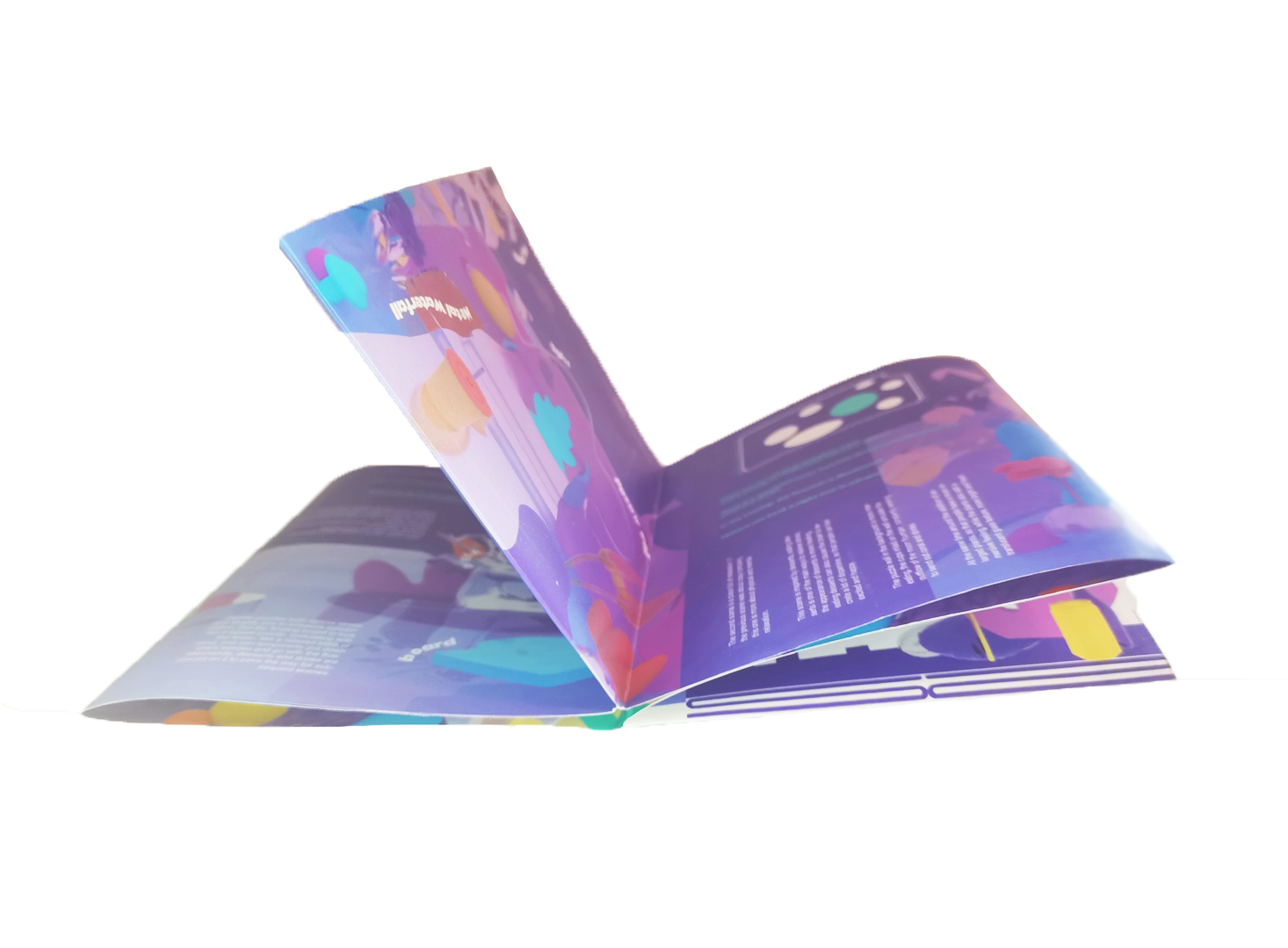 Open book with purple, blue, and pink holographic or iridescent pages creating rainbow reflections on white background.
