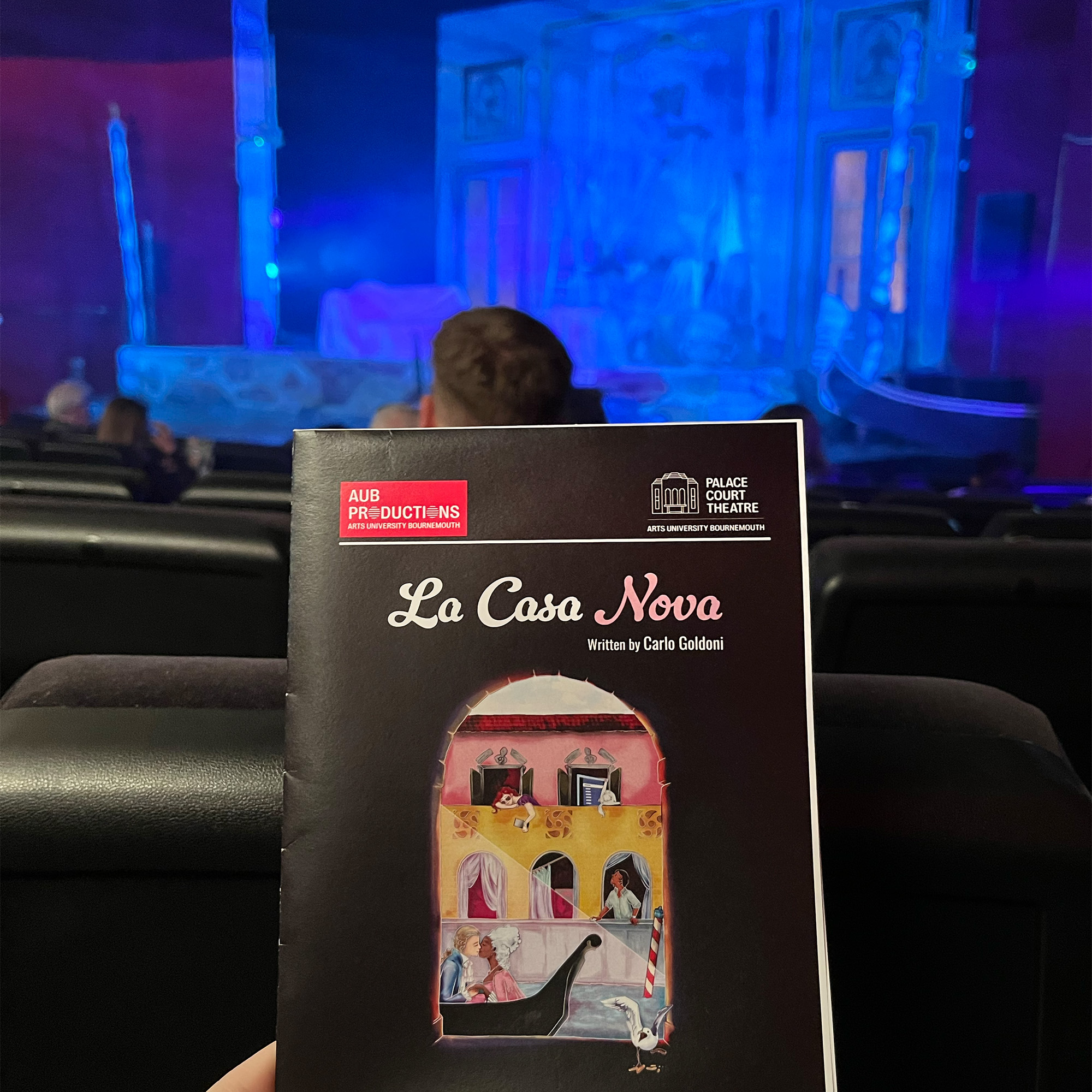 A person holding a programme for "La Casa Nova" by Carlo Goldoni, while seated in an auditorium. The background features a blue-lit stage with theatre seating visible in front.