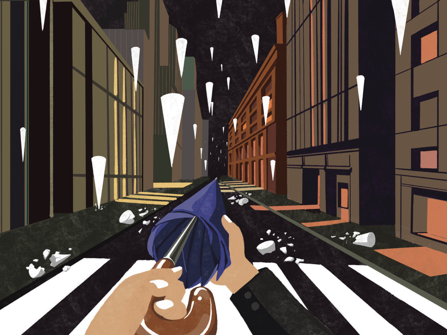 Abstract illustration of a person holding a blue umbrella down a street with spikes.