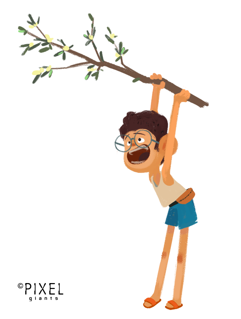 Illustration of a child wearing glasses holding a large tree branch above them with both hands.