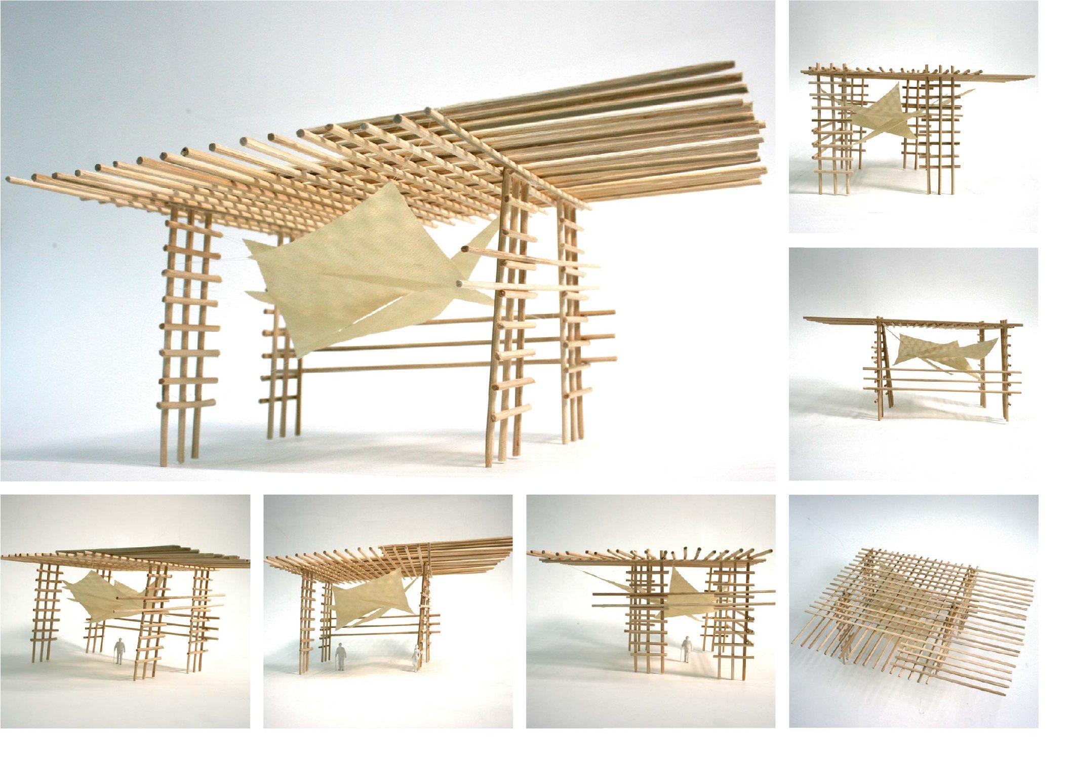 A series of photos showing a small-scale architectural model, wooden structure, white background.