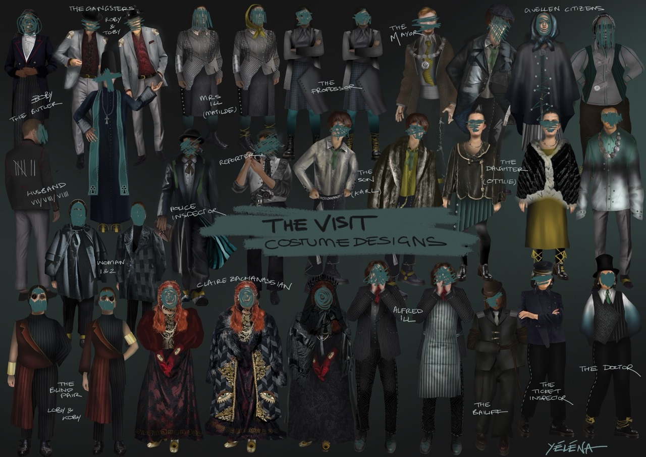 Costume design artwork showing multiple character figures in dark colours with handwritten labels, arranged in rows on green-tinted background.