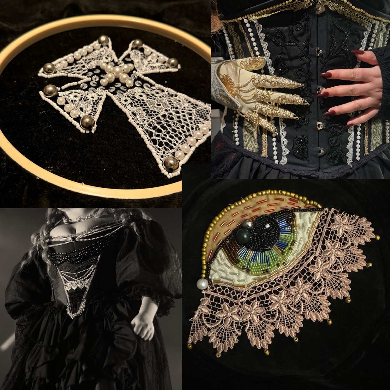 Four panels showing white lace garments and accessories: delicate lace pieces in embroidery hoop, ornate golden gloves, black dress with white lace collar, and detailed eye-shaped lace design with blue centre.