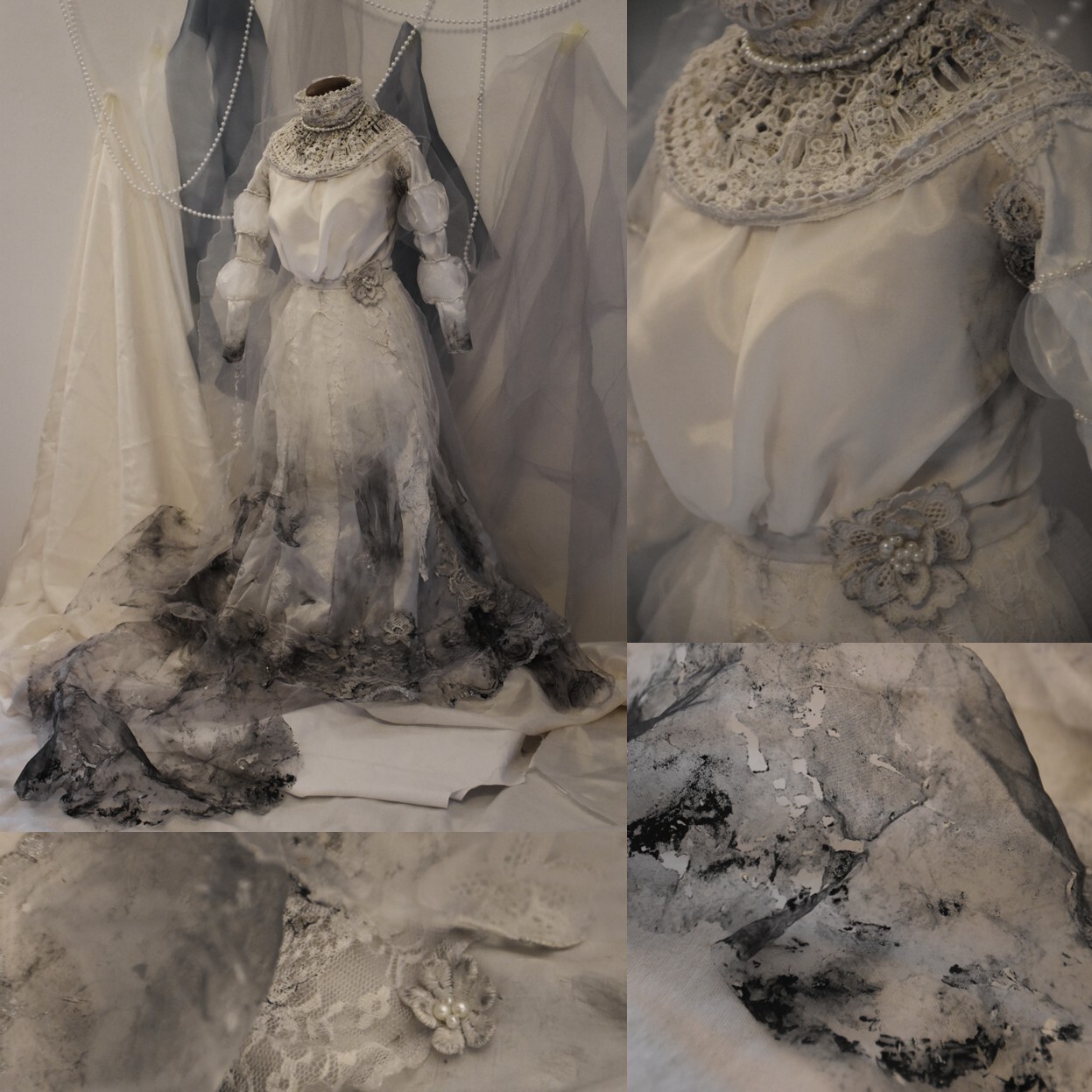 Four images showing deteriorated white vintage wedding dress with ornate beadwork and long train, displaying severe mould damage.