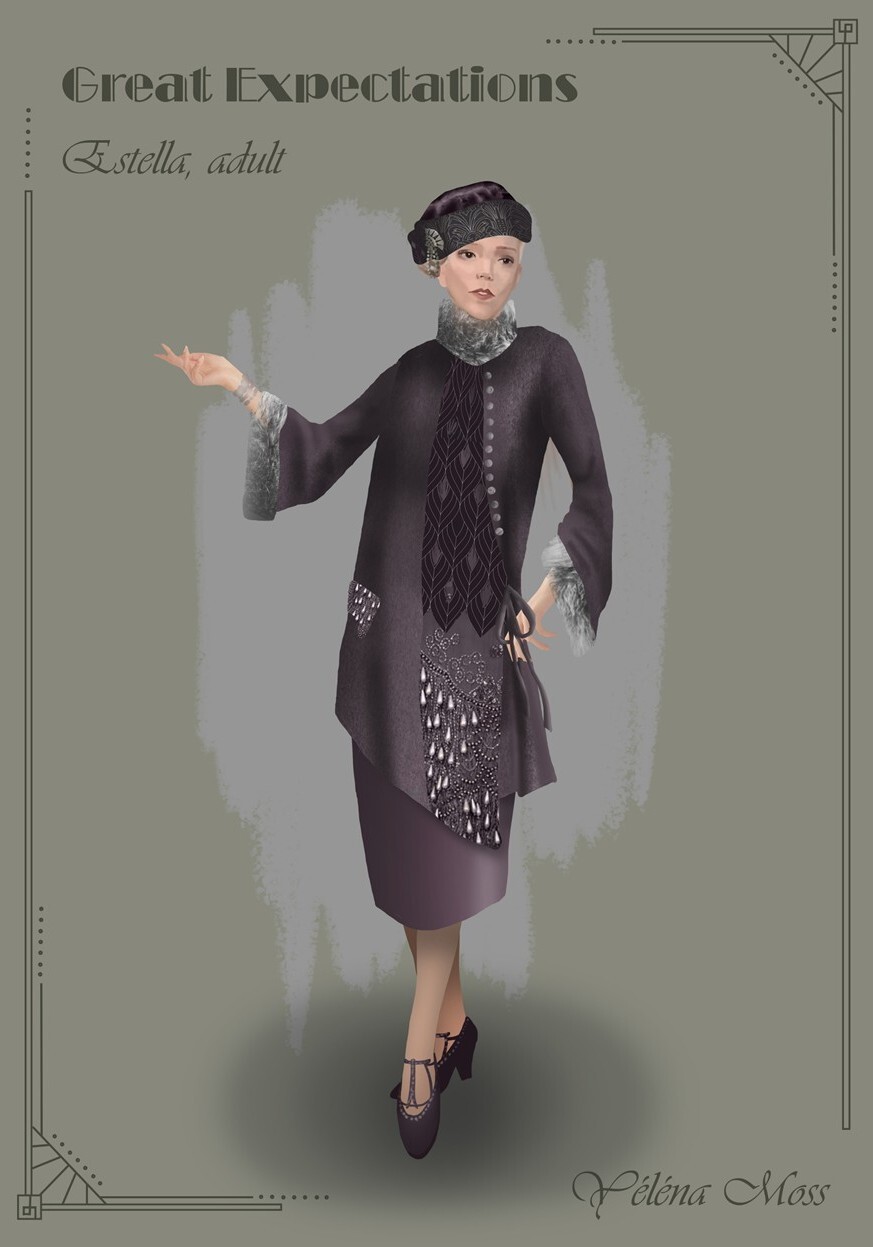 Digital illustration of woman in brown 1920s coat with geometric patterns, decorative hat, against grey background with ornate border.