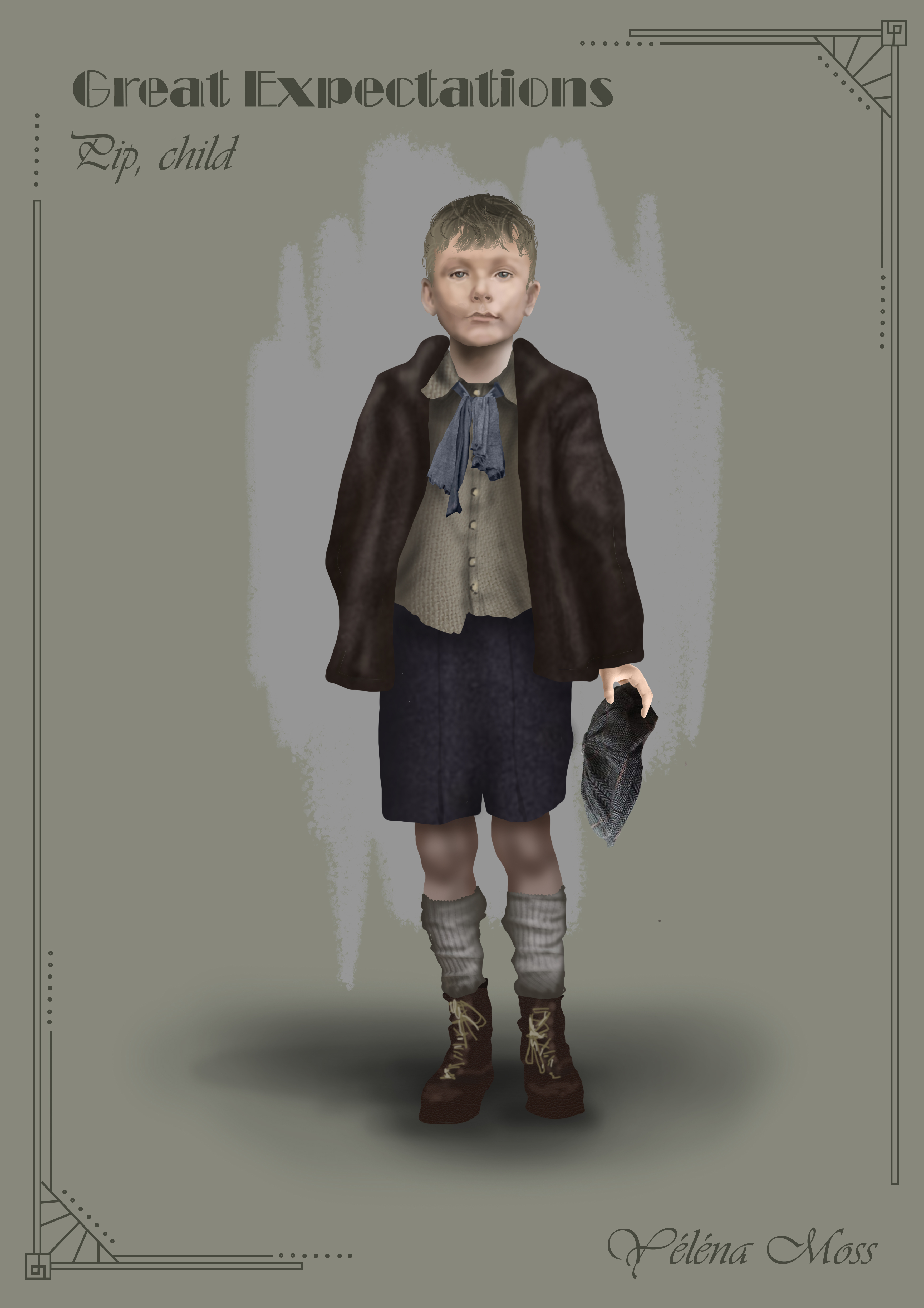Young boy in Victorian clothing: brown coat, beige waistcoat, blue shorts, striped stockings, boots. Grey background with ornate border.