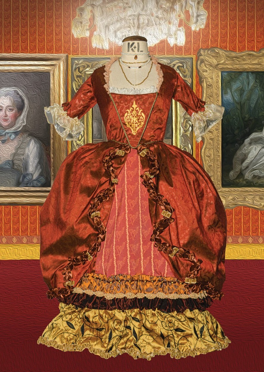 Illustration of figure in ornate red Tudor-style dress with white ruff collar, golden embroidery, against red wood-panelled wall with framed portraits.