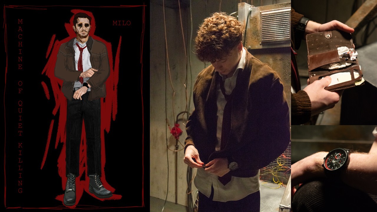 Museum display showing costumed figure with skull face and red cape, curly-haired person in blue jacket, and hands holding vintage equipment.