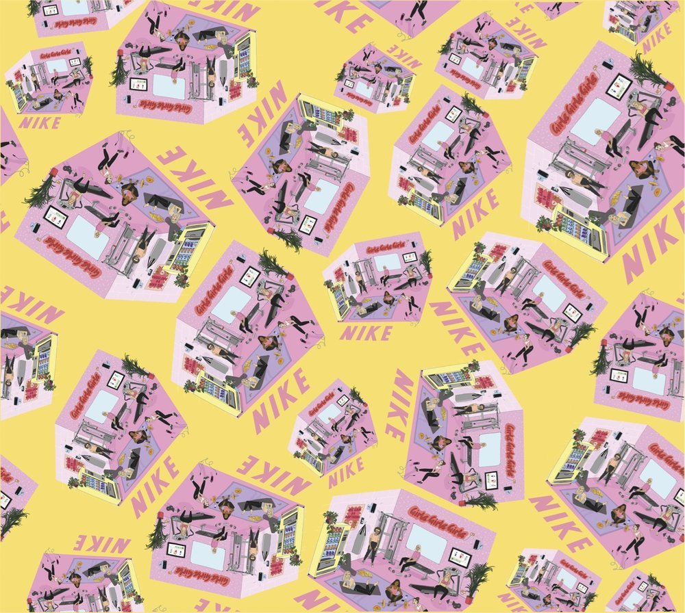 Repeated illustration of a pink Nike store interior rotated, yellow background.