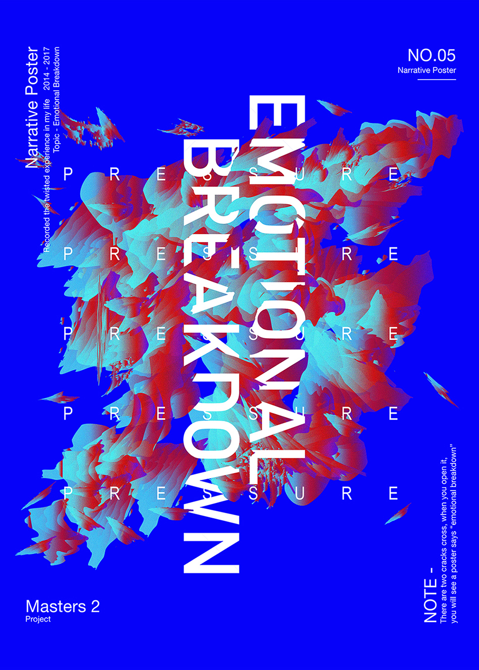 Blue poster with abstract brushstroke pattern in the centre. The words 'Emotional Breakdown' appear vertically in the centre, while the word 'Pressure' is repeated in 5 rows.