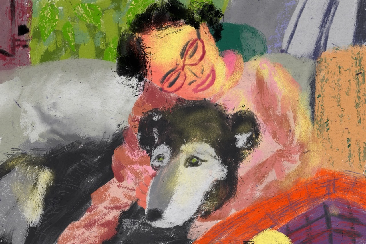 Paint-style illustration of a woman and a dog.