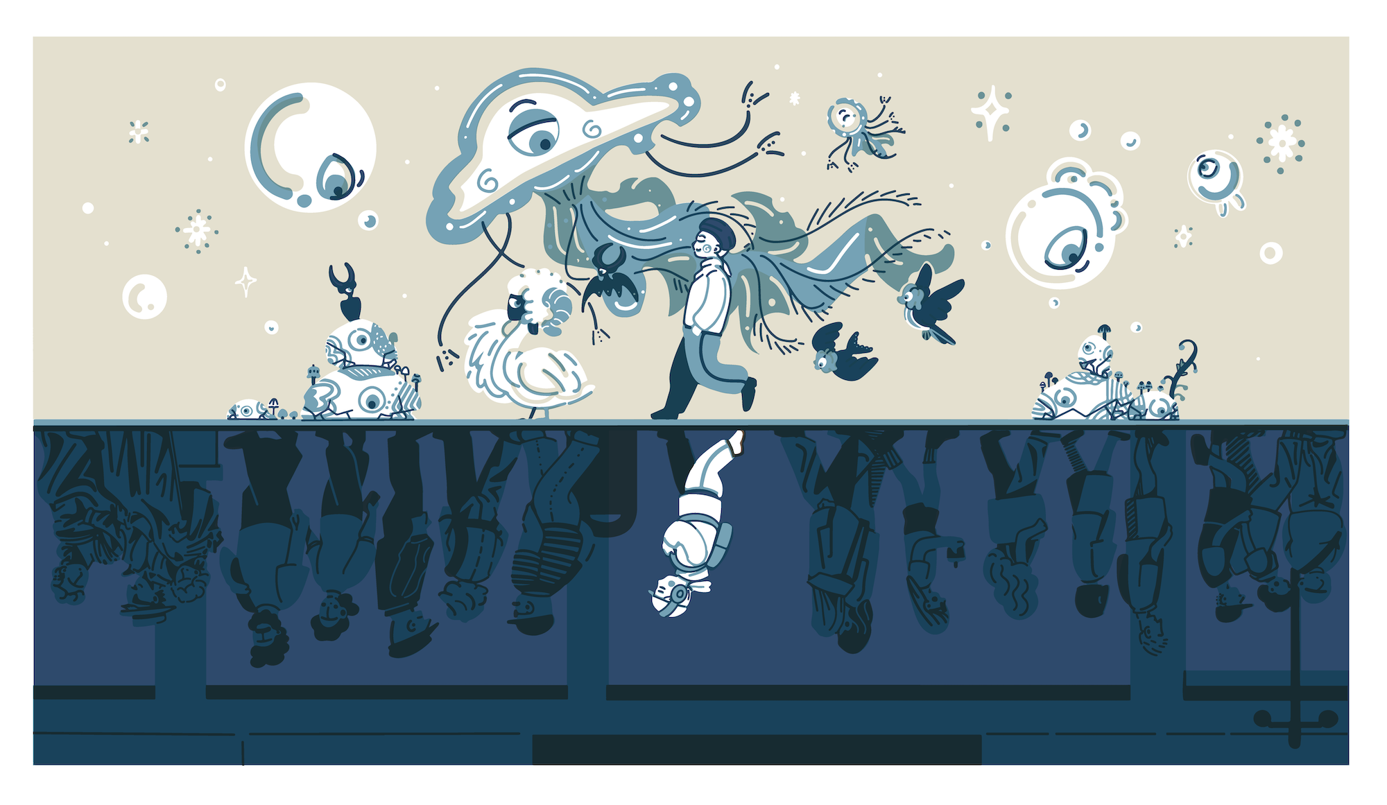 A stylised illustration of a person walking beneath a floating, mushroom-like creature and small birds, with inverted dark silhouettes reflected below against a beige background.