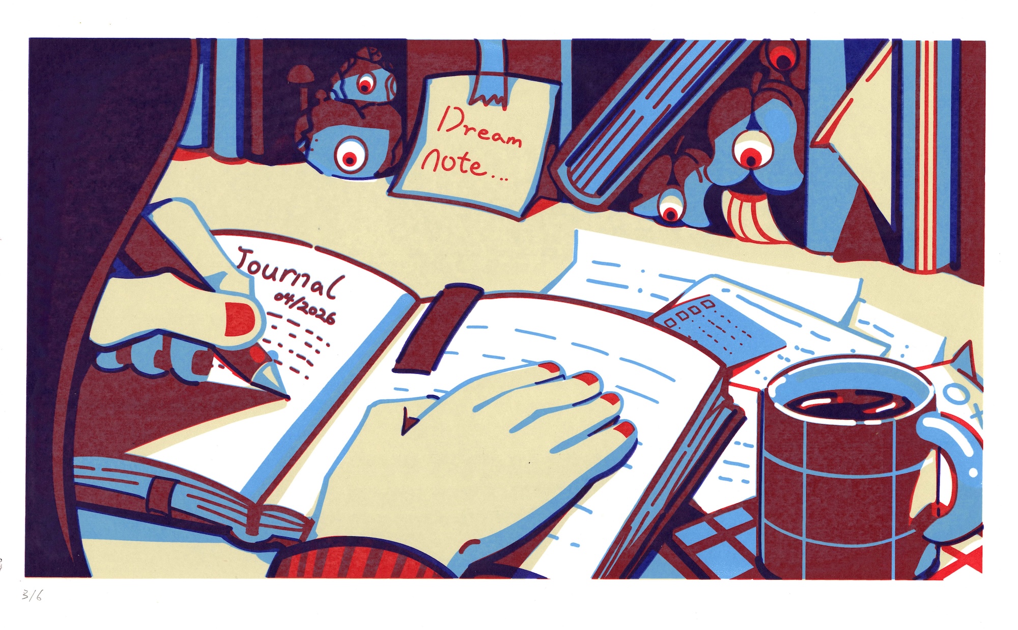 A person writes in an open journal at a desk with scattered papers, a mug, and a sticky note reading 'Dream note'.
