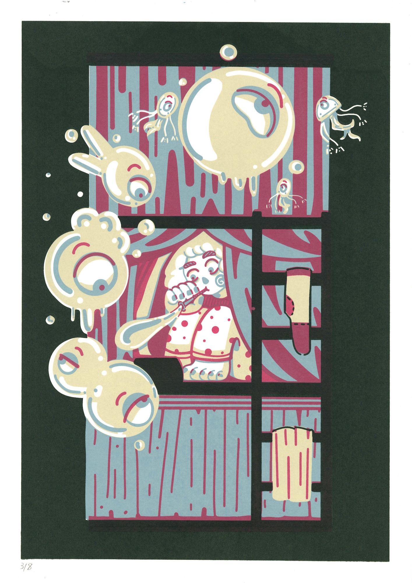 Illustration of a person peering from a window in a striped building, with several floating bubble-like figures against a dark green background.