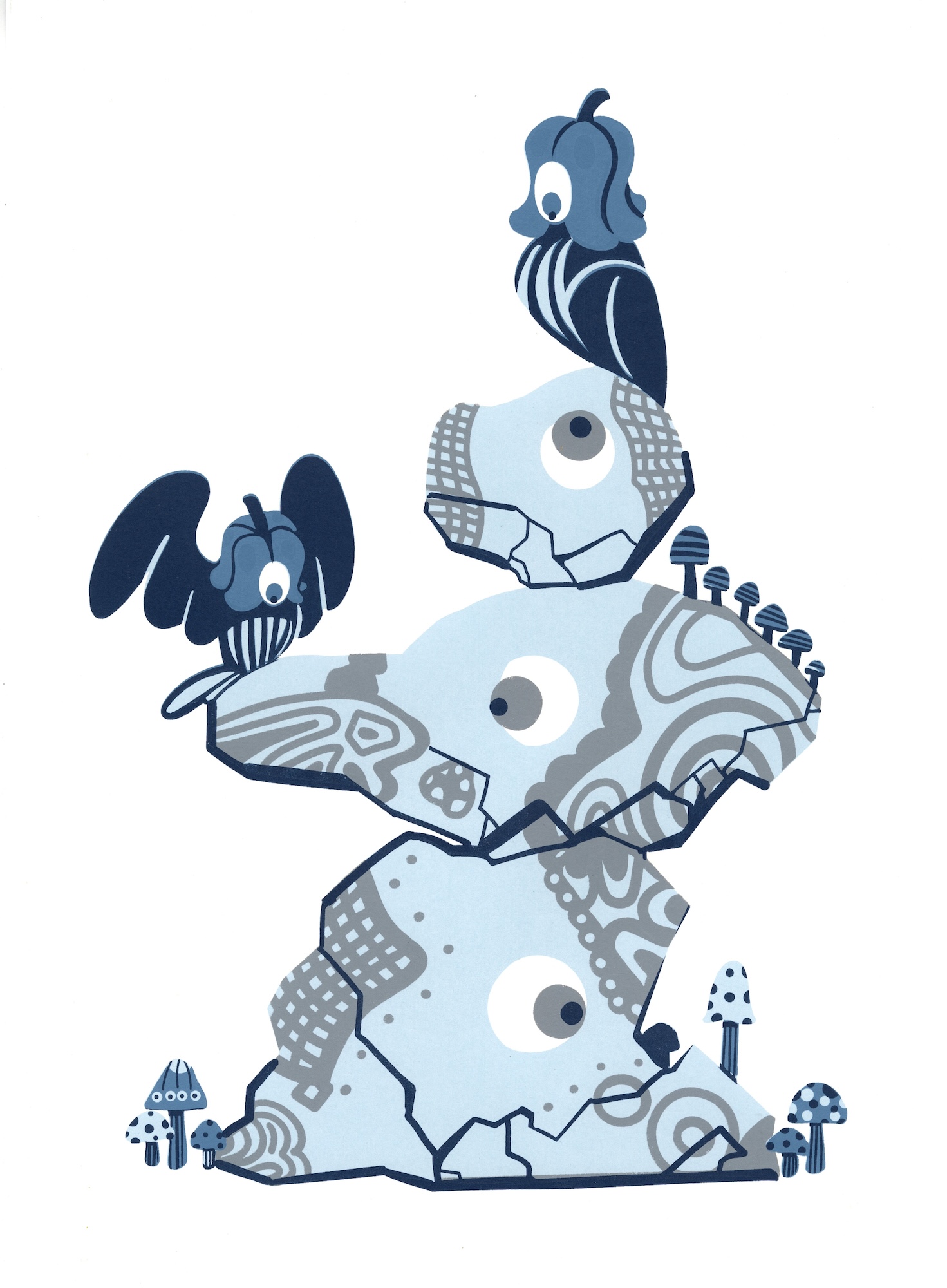 A stylised stack of four blue cracked rock-like creatures with large eyes, surrounded by small spotted mushrooms on a white background.