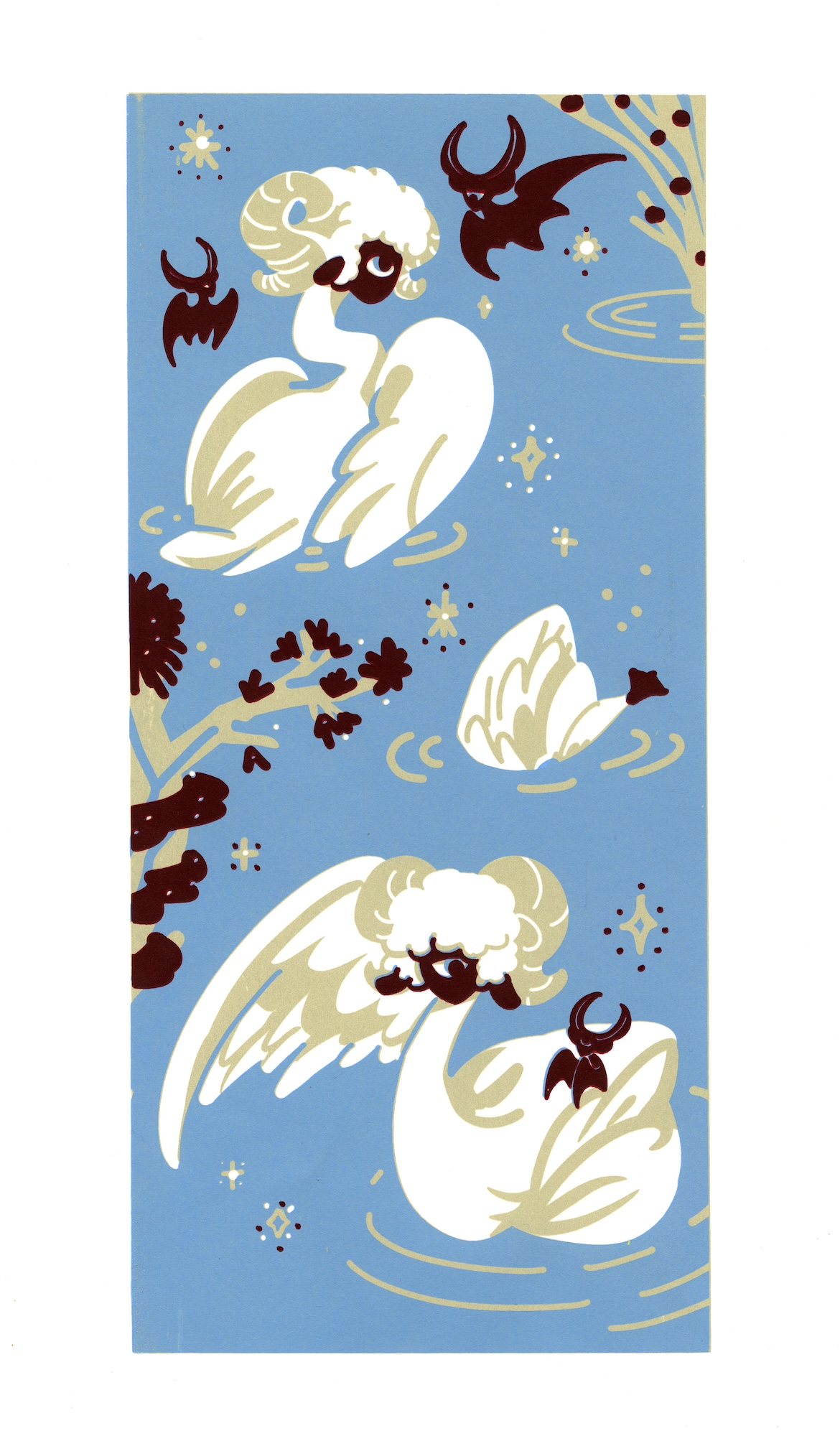 An illustrated blue panel shows white winged sheep-like creatures with small dark bats and decorative stars and swirls.
