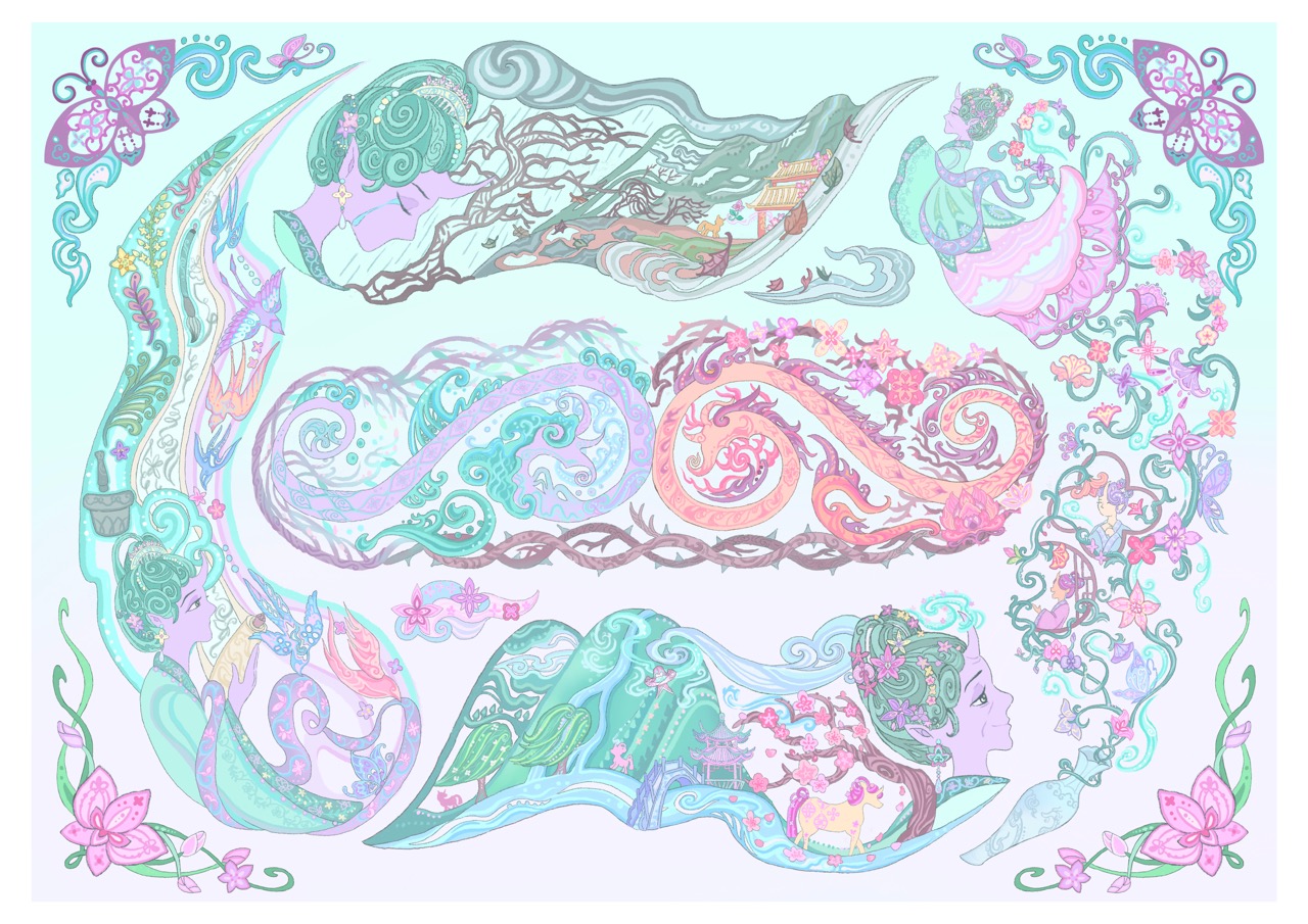 A pastel fairy tale illustration with swirling decorative borders, mermaid figures and a small castle on a light background.