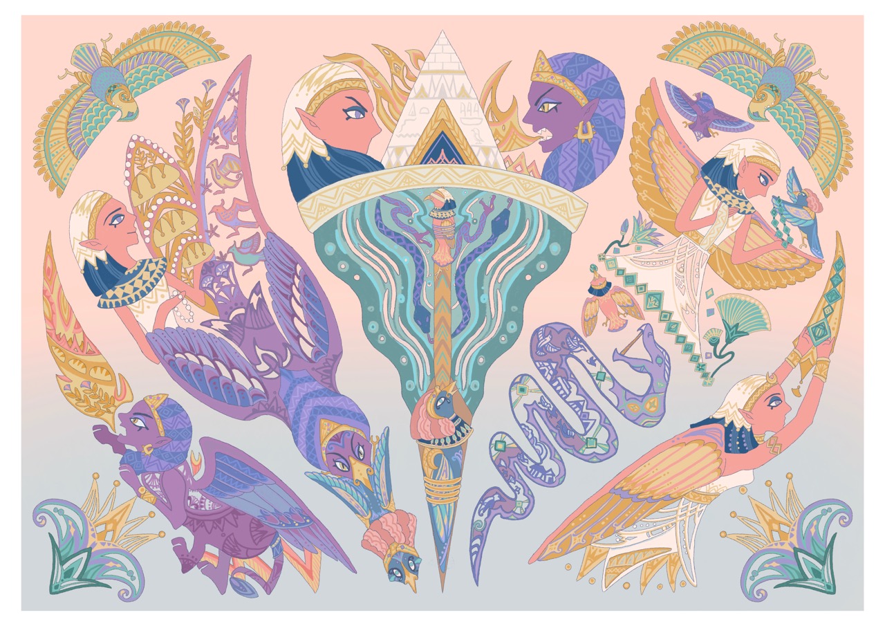 A colourful abstract illustration of stylised birds and repeated female profiles arranged around a central geometric figure on a pastel background.