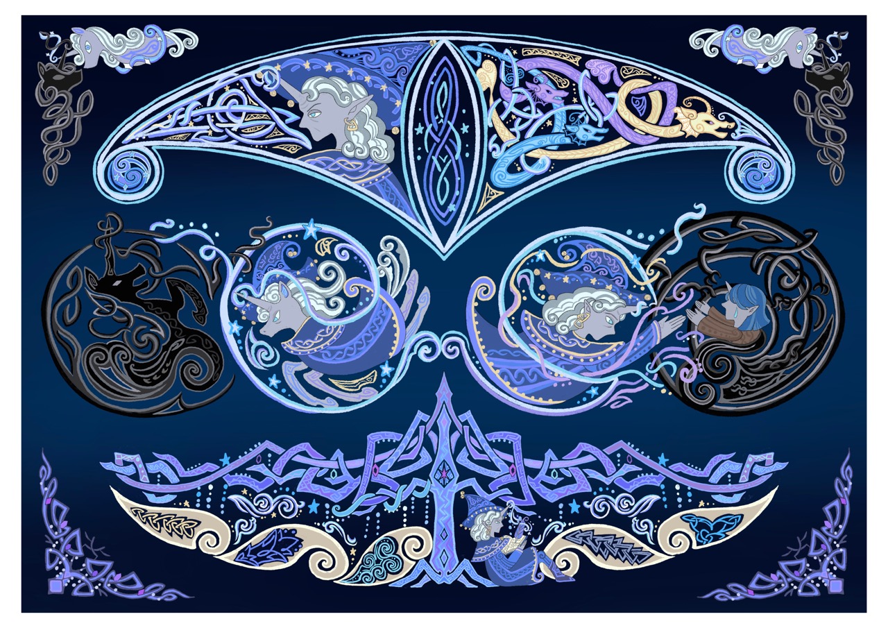 An ornate blue and purple decorative illustration with symmetrical Celtic-style swirls and circular motifs on a dark background.