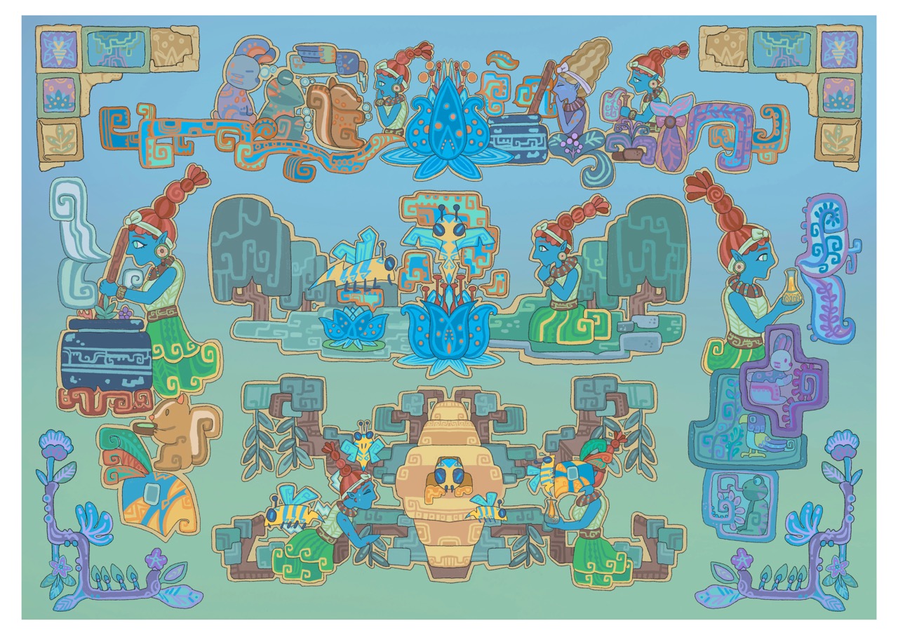 A colourful symmetrical illustration of abstract Mayan-inspired figures and patterns on a blue-green background, with decorative corner motifs.