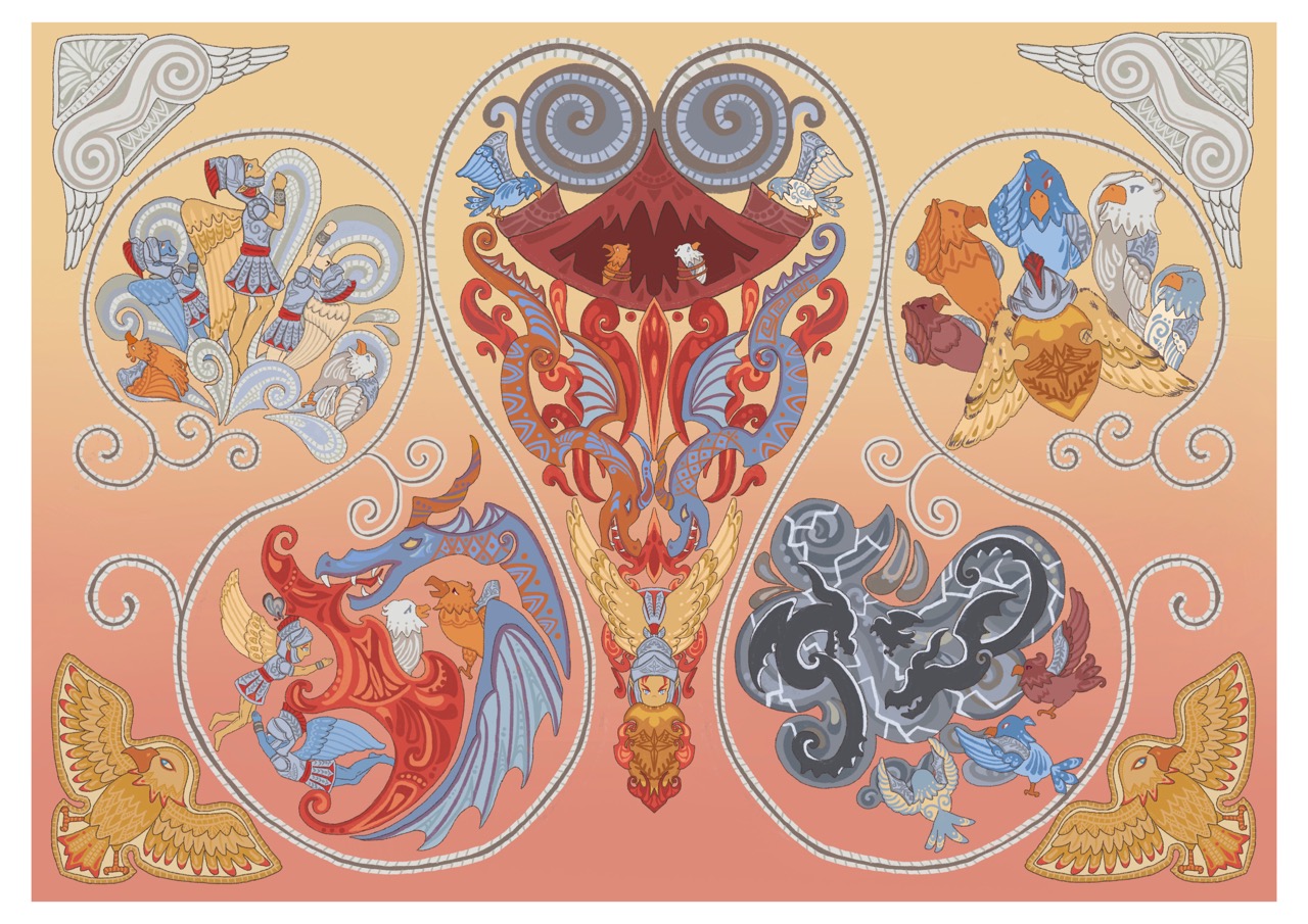 An ornate decorative illustration with five swirling mythical scenes in heart-shaped panels on a peach background, including winged figures, birds and dragon-like creatures.