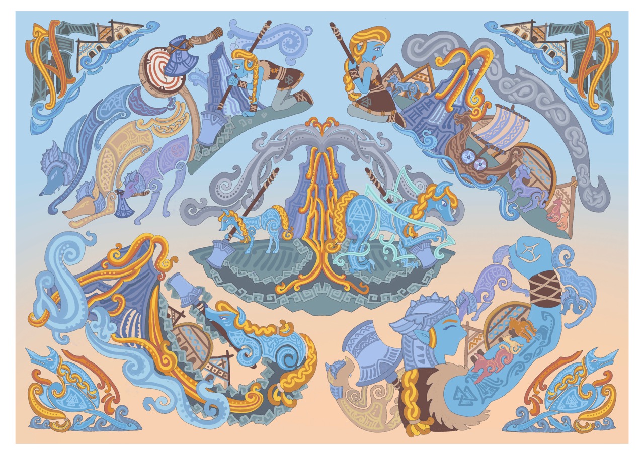A stylised circular map illustration with multiple illustrated figures and beasts arranged around a central blue and orange motif, set on a pale background.