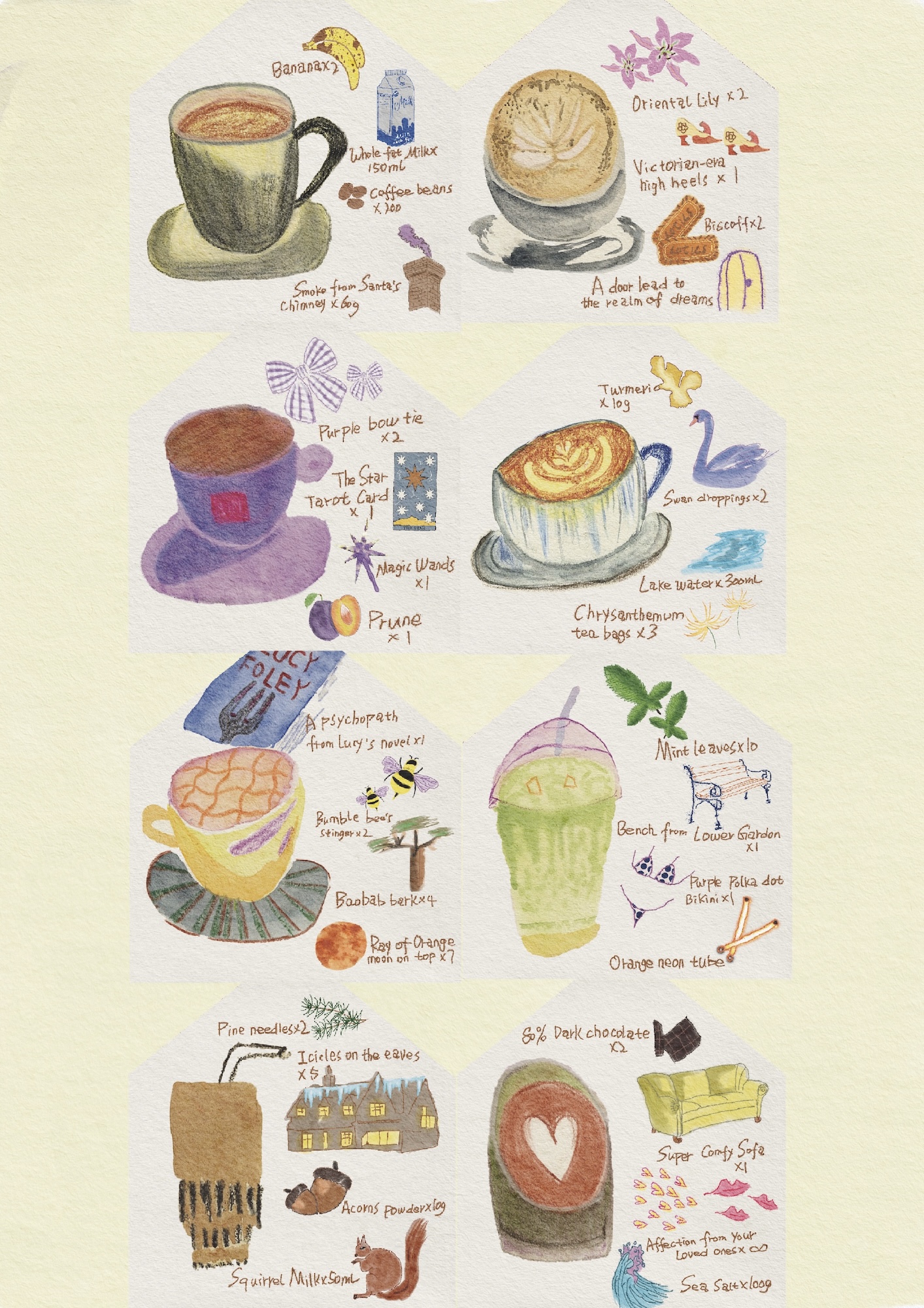 Watercolour illustrations of six coffee drinks with handwritten labels, arranged in a grid on a cream background.