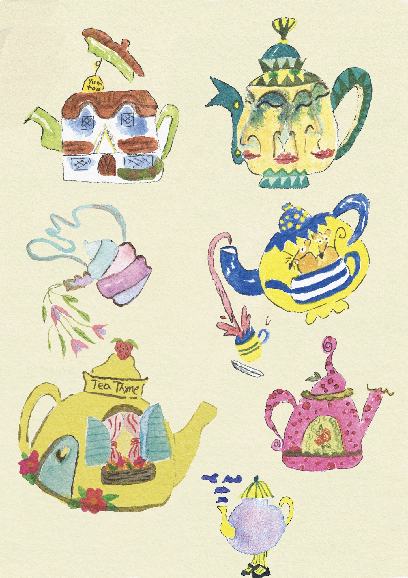 A page of colourful hand-drawn teapots in varied shapes and patterns, including a yellow teapot with flowers and a purple teapot on a plain cream background.
