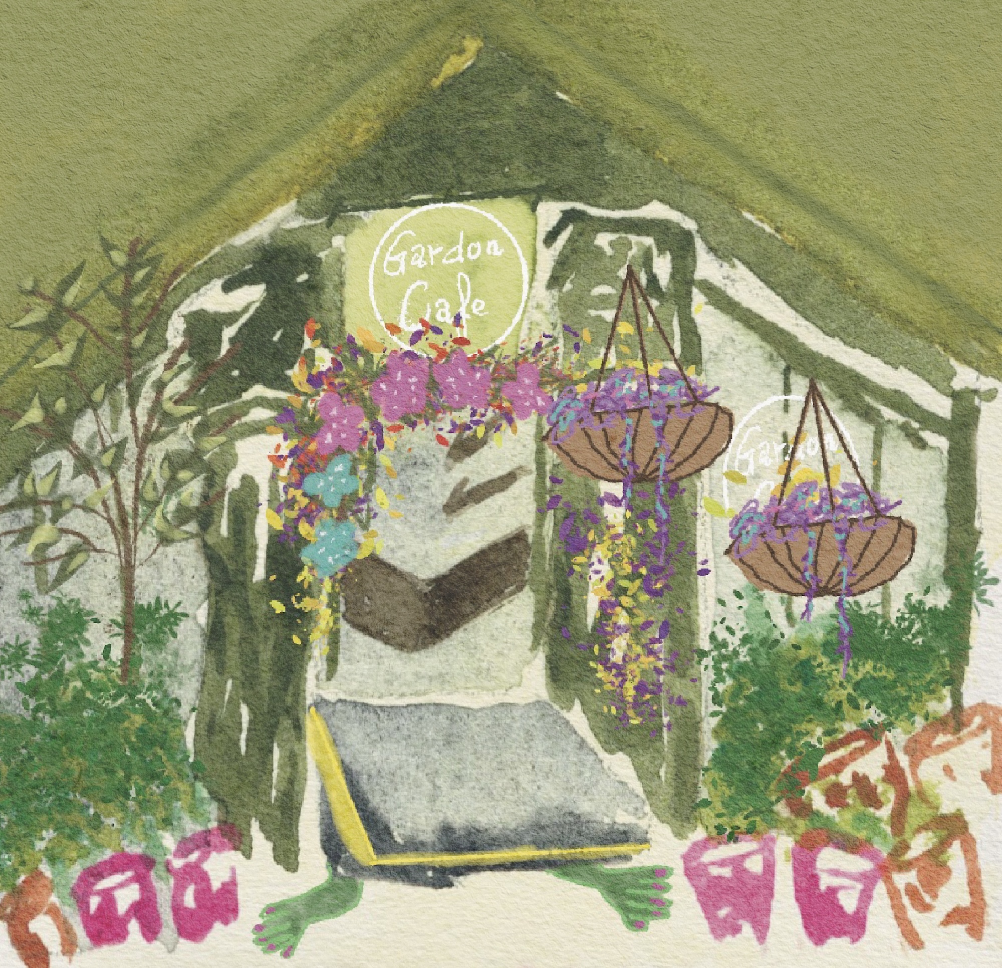 Watercolour illustration of the Garden Café entrance with hanging flower baskets, a green awning, and pink and orange chairs in front.