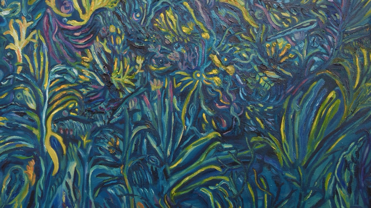 A vibrant abstract painting featuring dense foliage in shades of blue, green, and yellow. The composition includes varied brush strokes, creating a dynamic blend of plant forms and textures throughout the canvas.