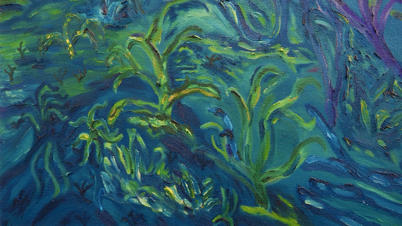 An abstract painting depicting underwater vegetation with flowing green and blue hues. The artwork features swirling brushstrokes that create a sense of movement, highlighting various shades of green against a deep blue background.