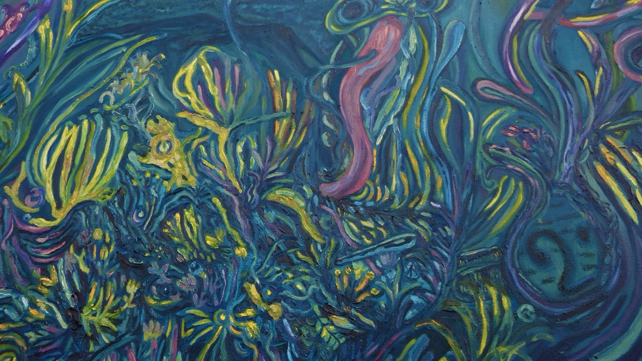 An abstract painting featuring swirling patterns of vibrant colours, including deep blues, yellows, and pinks. The composition resembles a dense floral or underwater scene, with intricate details and a textured appearance.