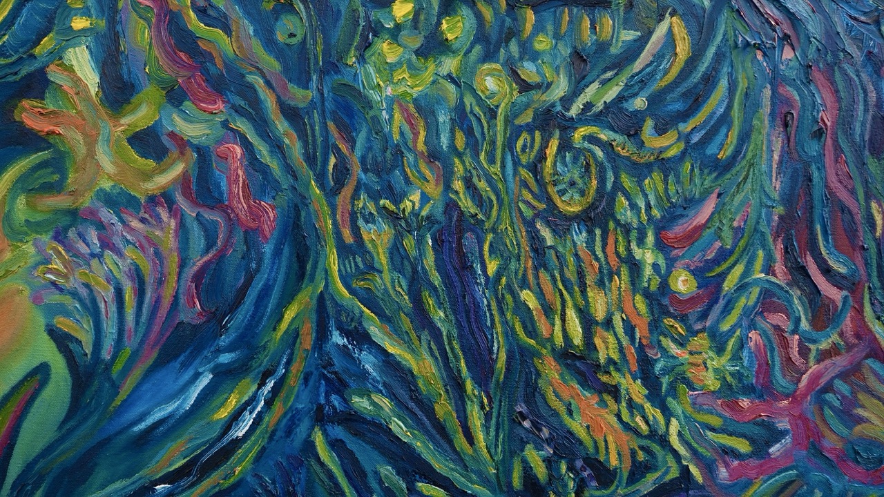 An abstract painting featuring vibrant swirls of blues, greens, yellows, and purples. The texture is rich, with dynamic brushstrokes creating an organic and flowing design that suggests movement.